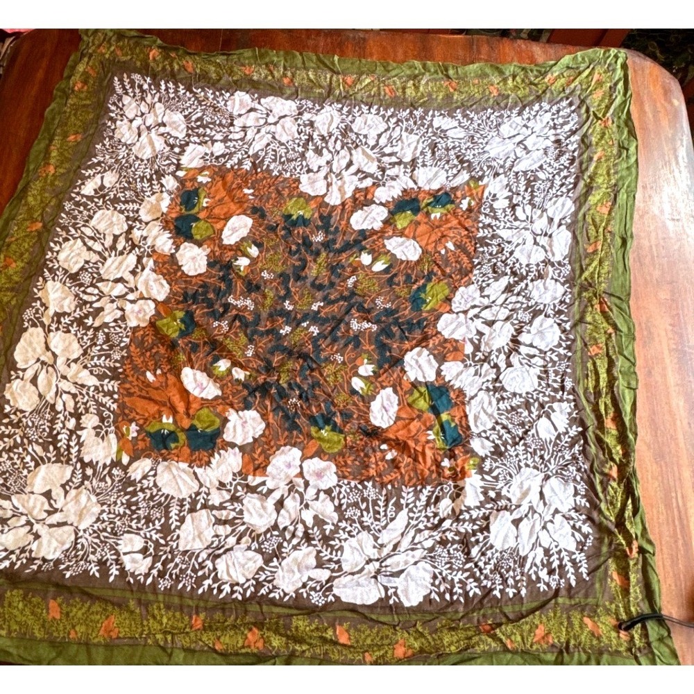 Rachel Zoe Luxe Scarf OSFM Green Brown Floral Rayon Square Boho Scaf Vintage